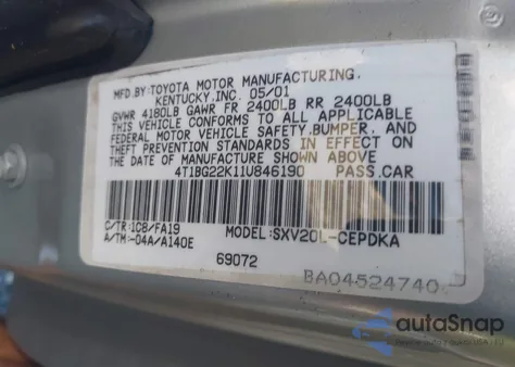 2001 Toyota Camry Ce из США, поврежденный, VIN 4T1BG22K11U846190